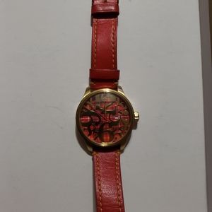 Dooney & Burke Red Big Huge Watch Leather Strap Stailess Steel